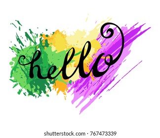 black lettering hello on a background of blots of bright colors (yellow, green and pink)