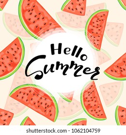 Black lettering Hello Summer and set of juicy watermelon slices on pink background, illustration.