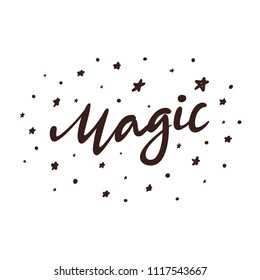 Black lettering Magic with stars isolated on white background, illustration.