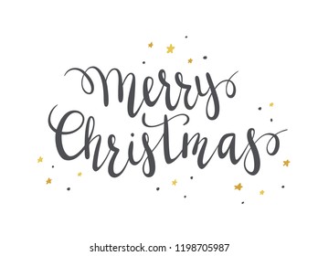 Black lettering Merry Christmas with stars and dots on white background, illustration.