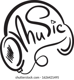 black lettering music in a modern style calligraphy handwritten, framed by headphones with wire, logo, design, for studios, cards, invitations, prints, promotions, posters, banners, elegant, karaoke