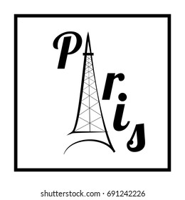 Black lettering Paris on white square. Fashion print for sports wear. Monochrome template for t shirt, apparel, card, poster. Eiffel Tower as symbol of love. Design flat element. Vector illustration