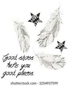 black lettering and star gray feather white background