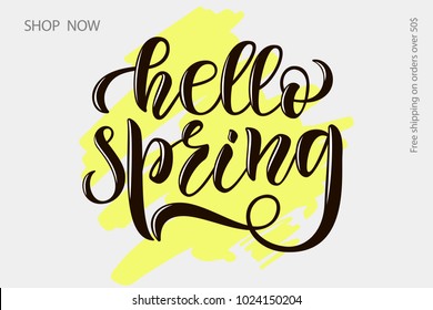 Black lettering typography icon Hello spring on bright lime green smear with gray background for sticky label, advert, movie, greeting card, case, cover, girly shopping mall.Vector illustration EPS 10