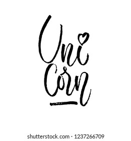 Black lettering Unicorn on white background with cute heart. Isolated vector illustration. Handwritten modern calligraphy. Inscription for postcards, posters, prints, greeting cards, t-shirts.