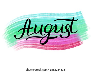 Black lettering vector illustration with the month of August on a colour background painted with oil brush