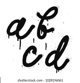 Black letters a, b, c, d. Graffiti spray font isolated on white background. Hand written graffiti font type alphabet. Vector illustrations.
