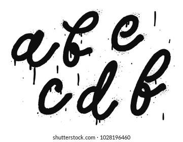 Black letters a, b, c, d, e, f. Graffiti spray font isolated on white background.  Vector illustrations.