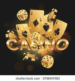 Black Letters Casino With Falling Golden Poker Chips, Tokens, Dices, Playing Cards On Black Background With Gold Lights, Sparkles And Bokeh. Vector Illustration.