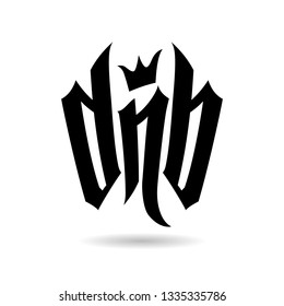 Black letters DnB with crown on white background with grey shade under.  Vector Lettering for Drum and Bass Fans.