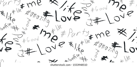 Black letters on a white background seamless pattern. hashtags in random order. love, like,  vector eps 10