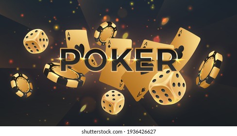 Letras negras Poker con fichas de póquer dorado en caída, tokens, dados, jugando cartas sobre fondo negro con luces de oro, chispas y bokeh. Ilustración vectorial.