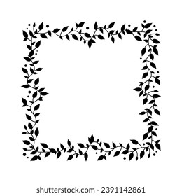 Black liana silhouette border frame. Simple shape branch of curve liana plant decoration. Liana shrub. Isolated floral swirly jungle frame. Climbing leaves.