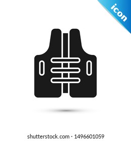 Black Life jacket icon isolated on white background. Life vest icon. Extreme sport. Sport equipment.  Vector Illustration