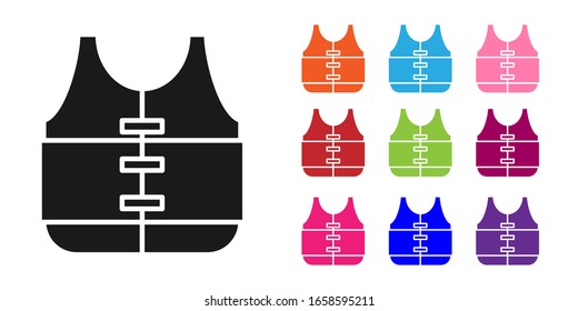 Black Life jacket icon isolated on white background. Life vest icon. Extreme sport. Sport equipment. Set icons colorful. Vector Illustration