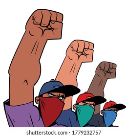 black life matters, multiethnic group of masked protesters. Comics caricature pop art retro illustration hand drawn