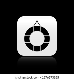 Black Lifebuoy icon isolated on black background. Lifebelt symbol. Silver square button. Vector Illustration