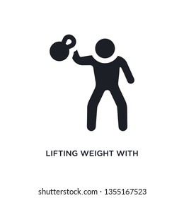 black lifting weight with right arm isolated vector icon. simple element illustration from gym and fitness concept vector icons. lifting weight with right arm editable logo symbol design on white