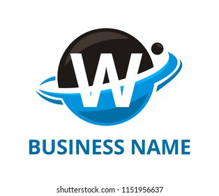 black and light blue color planet circle get slice into half logo graphic design with modern clean style for protection or security company with initial type letter w on it