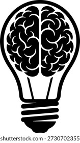 A black light bulb with a brain inside on a pure white background, detailed design, creative concept