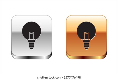 Black Light bulb with concept of idea icon isolated on white background. Energy and idea symbol. Inspiration concept. Silver-gold square button. Vector Illustration