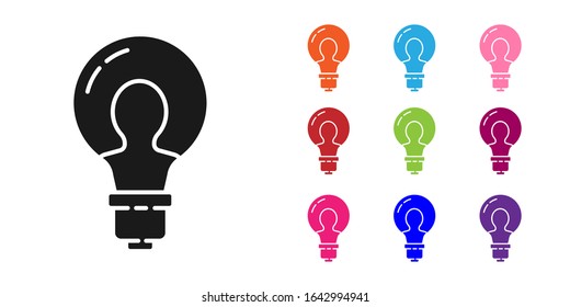 Black Light bulb with concept of idea icon isolated on white background. Energy and idea symbol. Inspiration concept. Set icons colorful. Vector Illustration