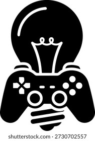 Eine schwarze Glühbirne mit einem Videospiel-Controller im Inneren, in einem einfachen und modernen Stil dargestellt, Förderung von Innovation und Gaming