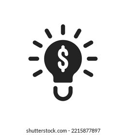 bombilla negra con un ícono de idea de negocio como el dólar. concepto de estrategia inteligente simple o pictograma de crecimiento económico. tendencia plana riqueza moderna logotipo gráfico trazo web diseño aislado en blanco