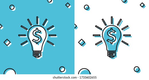 Bombilla negra con símbolo de dólar aislado en fondo azul y blanco. Dinero haciendo ideas. Concepto de innovación de Fintech. Formas dinámicas aleatorias. Ilustración vectorial