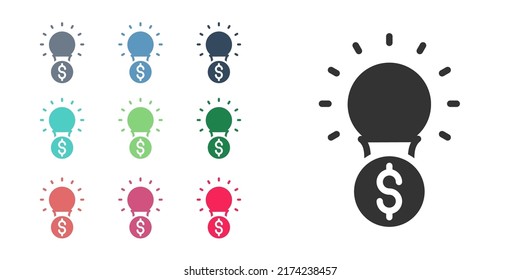 Bombilla negra con símbolo de dólar aislado en fondo blanco. Dinero haciendo ideas. Concepto de innovación de Fintech. Indique los iconos en colores. Vector