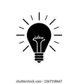 Black Light bulb flat icon with rays shine. Energy and idea symbol isolated on white background. Vector Illustration