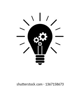 Black Light bulb flat icon with rays shine. Energy and idea symbol isolated on white background. Vector Illustration