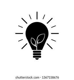Black Light bulb flat icon with rays shine. Energy and idea symbol isolated on white background. Vector Illustration