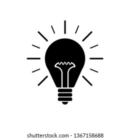 Black Light bulb flat icon with rays shine. Energy and idea symbol isolated on white background. Vector Illustration