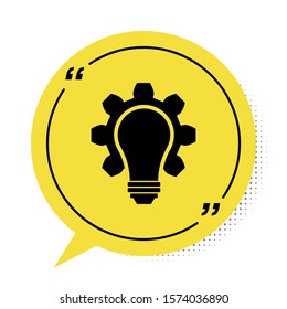 Black Light bulb and gear icon isolated on white background. Innovation concept. Business idea. Yellow speech bubble symbol. Vector Illustration