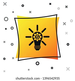 Black Light bulb with gear inside and dollar symbol icon isolated on white background. Fintech innovation concept. Yellow square button. Vector Illustration