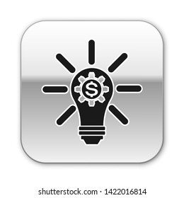 Black Light bulb with gear inside and dollar symbol icon isolated on white background. Fintech innovation concept. Silver square button. Vector Illustration