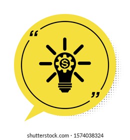 Black Light bulb with gear inside and dollar symbol icon isolated on white background. Fintech innovation concept. Yellow speech bubble symbol. Vector Illustration