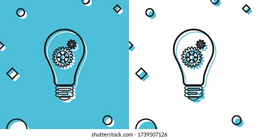 Black Light bulb and gear inside icon isolated on blue and white background. Innovation concept. Random dynamic shapes. Vector Illustration