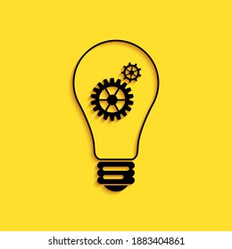 Black Light bulb and gear inside icon isolated on yellow background. Innovation concept. Long shadow style. Vector.