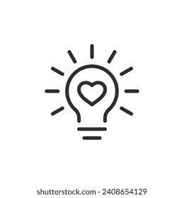 Black light bulb icon with heart sign, white background line symbol