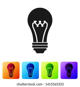 Black Light bulb icon isolated on white background. Energy and idea symbol. Lamp electric. Set icon in color square buttons. Vector Illustration