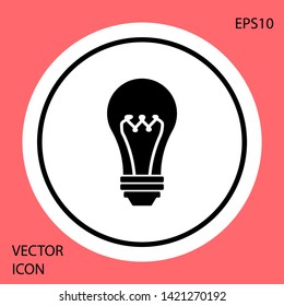Black Light bulb icon isolated on red background. Energy and idea symbol. Lamp electric. White circle button. Vector Illustration