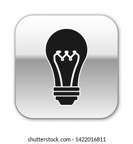 Black Light bulb icon isolated on white background. Energy and idea symbol. Lamp electric. Silver square button. Vector Illustration