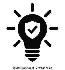 Black light bulb icon with shield and check mark symbolizing secure idea protection concept icon
