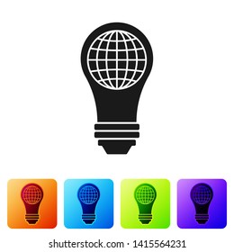Black Light bulb with inside world globe icon isolated on white background. Planet Earth on the lamp. Global ecology concept. Set icon in color square buttons. Vector Illustration