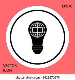 Black Light bulb with inside world globe icon isolated on red background. Planet Earth on the lamp. Global ecology concept. White circle button. Vector Illustration
