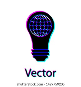 Black Light bulb with inside world globe icon isolated on white background. Planet Earth on the lamp. Global ecology concept. Vector Illustration