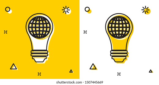 Black Light bulb with inside world globe icon isolated on yellow and white background. Planet Earth on the lamp. Global ecology concept. Random dynamic shapes. Vector Illustration