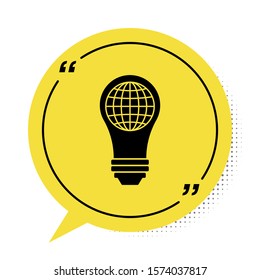 Black Light bulb with inside world globe icon isolated on white background. Planet Earth on the lamp. Global ecology concept. Yellow speech bubble symbol. Vector Illustration